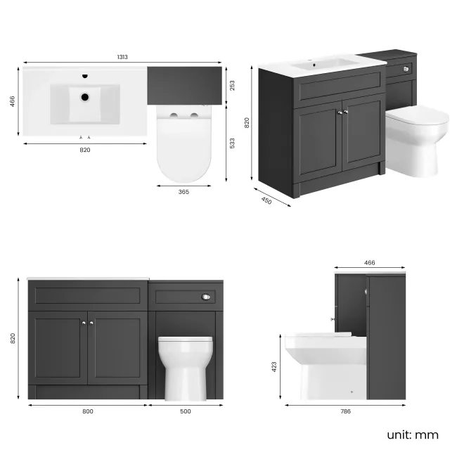 Milos Slate Grey Combination Vanity Basin and Miami Toilet 1300mm - Chrome Handles