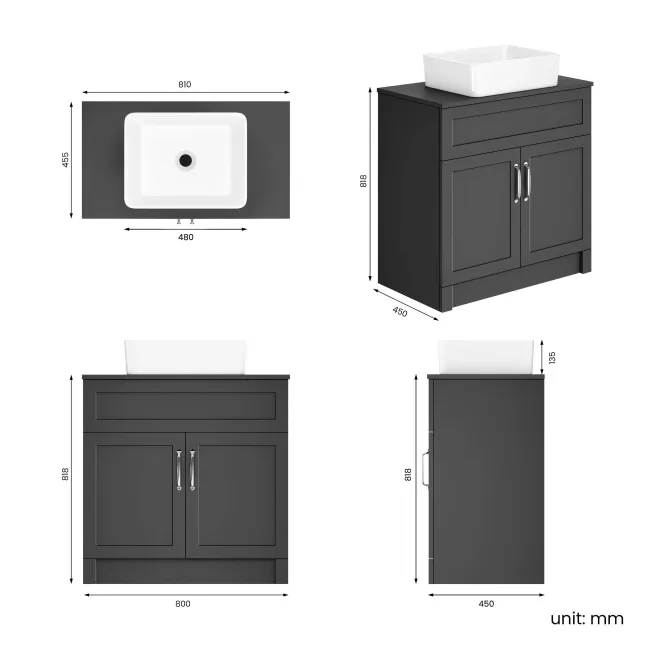 Milos Slate Grey Vanity with Troy Basin 800mm - Traditional Handles