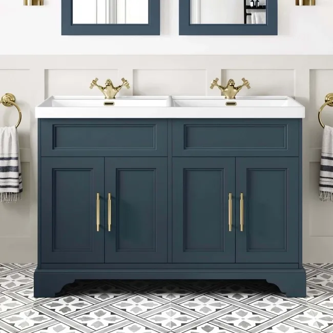 Lucia Inky Blue Double Basin Vanity 1200mm - Brass Knurled Handles