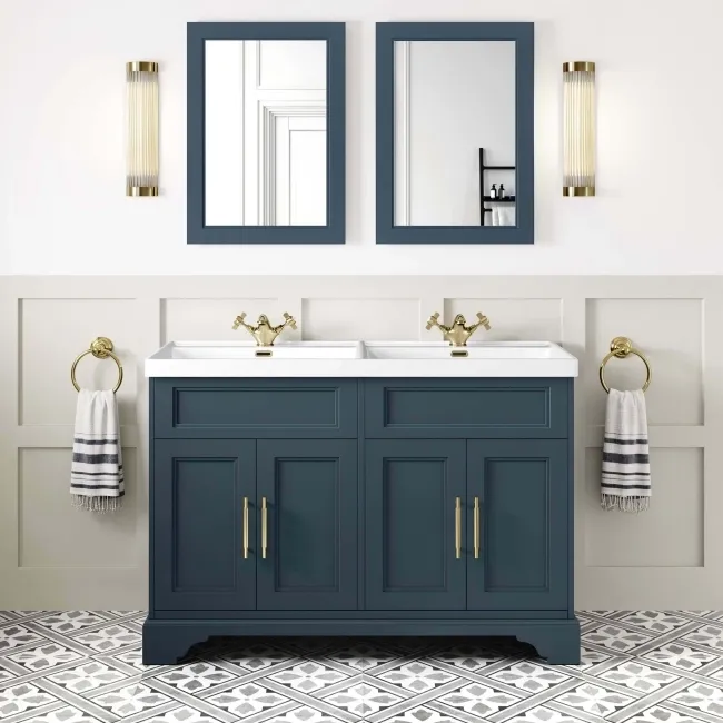 Lucia Inky Blue Double Basin Vanity 1200mm - Brass Knurled Handles
