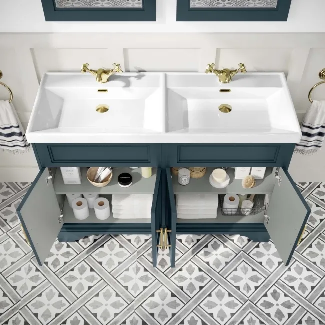Lucia Inky Blue Double Basin Vanity 1200mm - Brass Knurled Handles