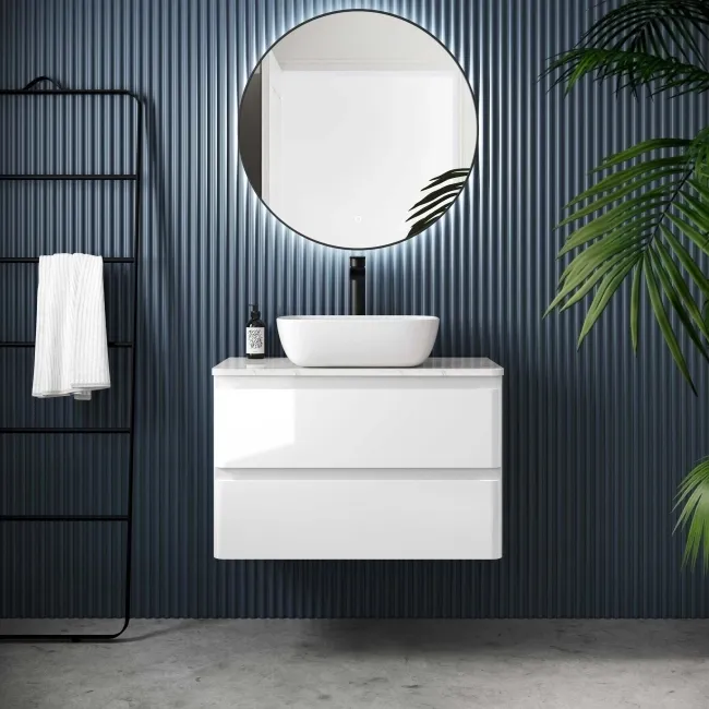 Corsica Gloss White Wall Hung Drawer Vanity with Marble Top & Curved Counter Top Basin 800mm
