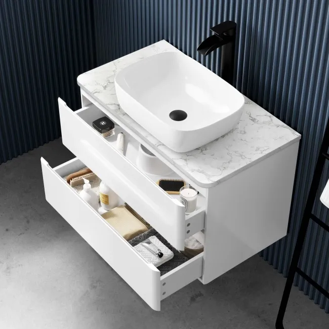 Corsica Gloss White Wall Hung Drawer Vanity with Marble Top & Curved Counter Top Basin 800mm