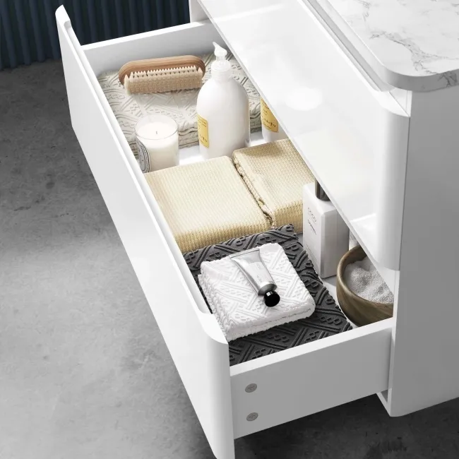 Corsica Gloss White Wall Hung Drawer Vanity with Marble Top & Curved Counter Top Basin 800mm
