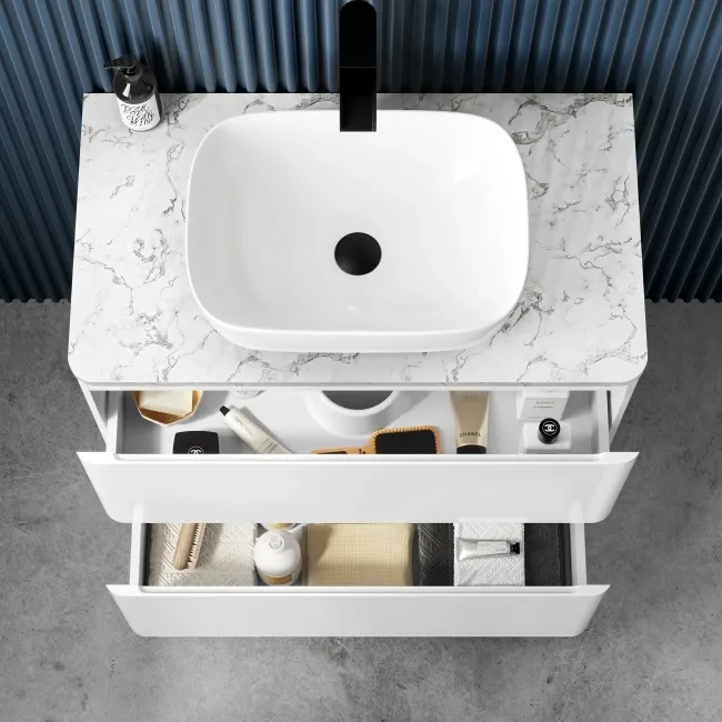 Corsica Gloss White Vanity Drawer with Marble Top & Curved Counter Top Basin 800mm