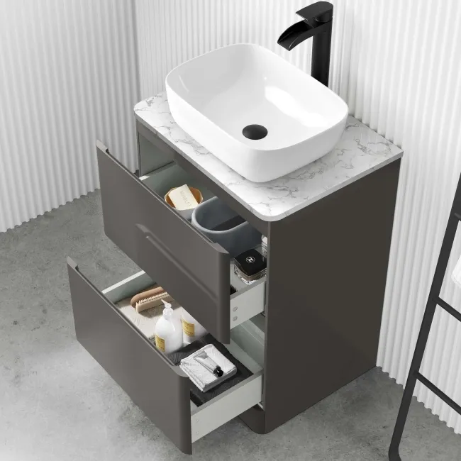 Corsica Tungsten Grey Vanity Drawer with Marble Top & Curved Counter Top Basin 600mm