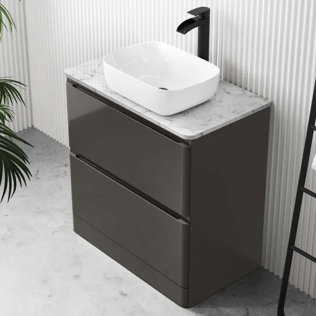 Corsica Tungsten Grey Vanity Drawer with Marble Top & Curved Counter Top Basin 800mm