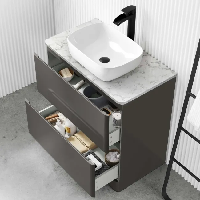Corsica Tungsten Grey Vanity Drawer with Marble Top & Curved Counter Top Basin 800mm