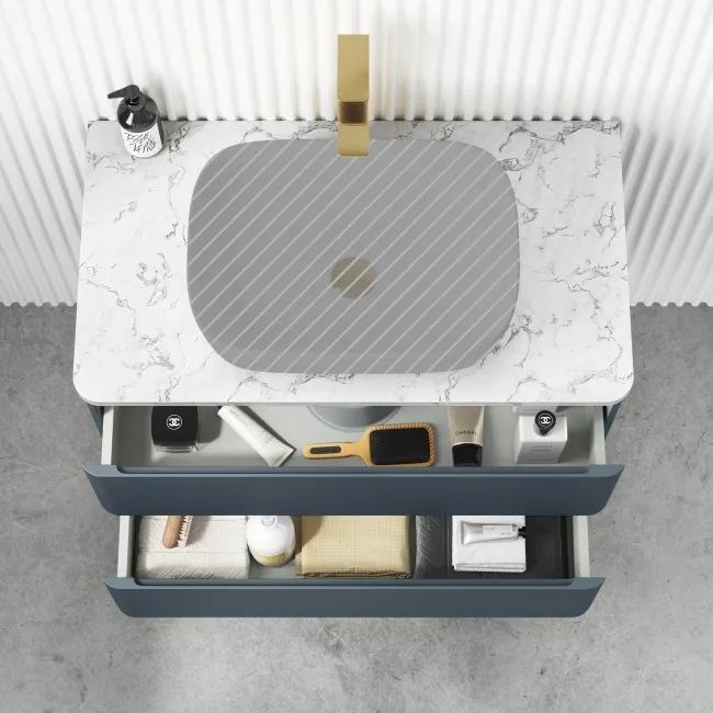 Corsica Inky Blue Wall Hung Drawer Vanity with Marble Top 800mm - Excludes Counter Top Basin