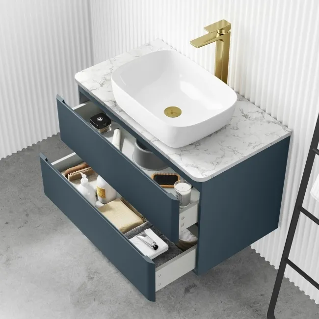 Corsica Inky Blue Wall Hung Drawer Vanity with Marble Top & Curved Counter Top Basin 800mm