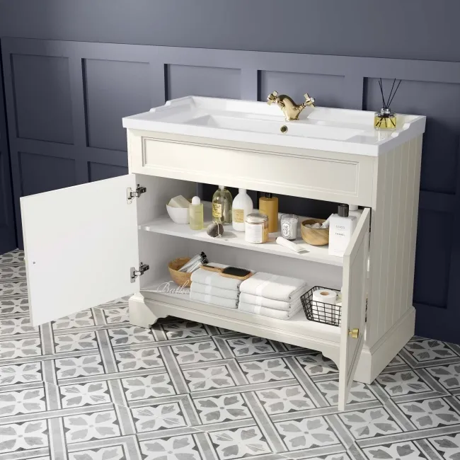 Lucia Chalk White Basin Vanity 1030mm - Brushed Brass Accents