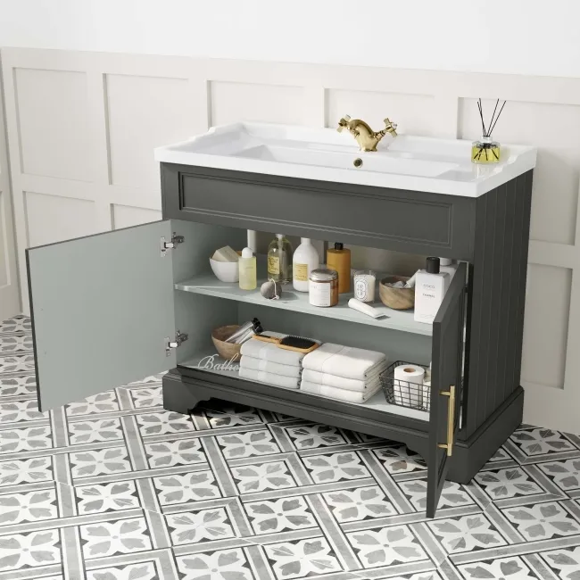 Lucia Graphite Grey Basin Vanity 1030mm - Brass Knurled Handles