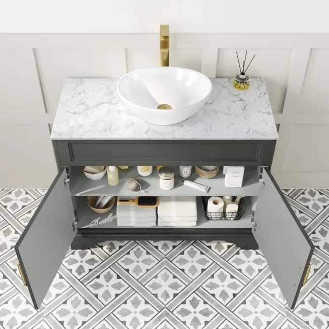 Lucia Graphite Grey Vanity with Marble Top & Oval Counter Top Basin 1030mm - Brass Knurled Handles