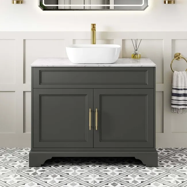 Lucia Graphite Grey Vanity with Marble Top & Curved Counter Top Basin 1030mm - Brass Knurled Handles