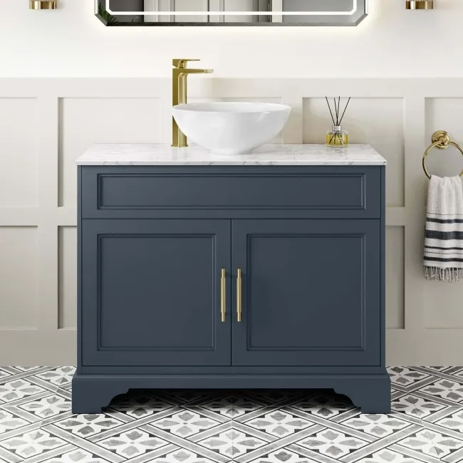 Lucia Inky Blue Vanity with Marble Top & Round Counter Top Basin 1030mm - Brass Knurled Handles