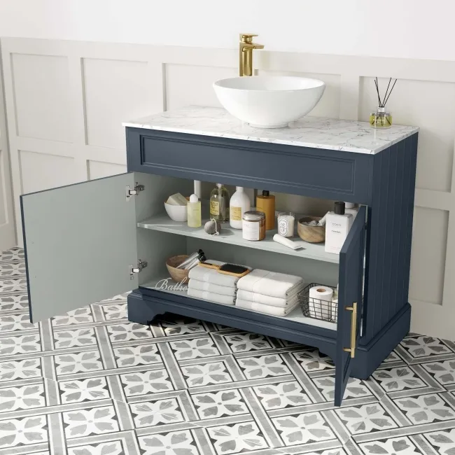 Lucia Inky Blue Vanity with Marble Top & Round Counter Top Basin 1030mm - Brass Knurled Handles