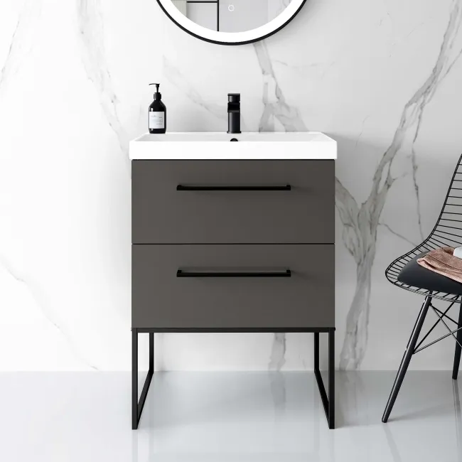 Elba Graphite Grey Wall Hung Basin Drawer Vanity 600mm with Matt Black Stand