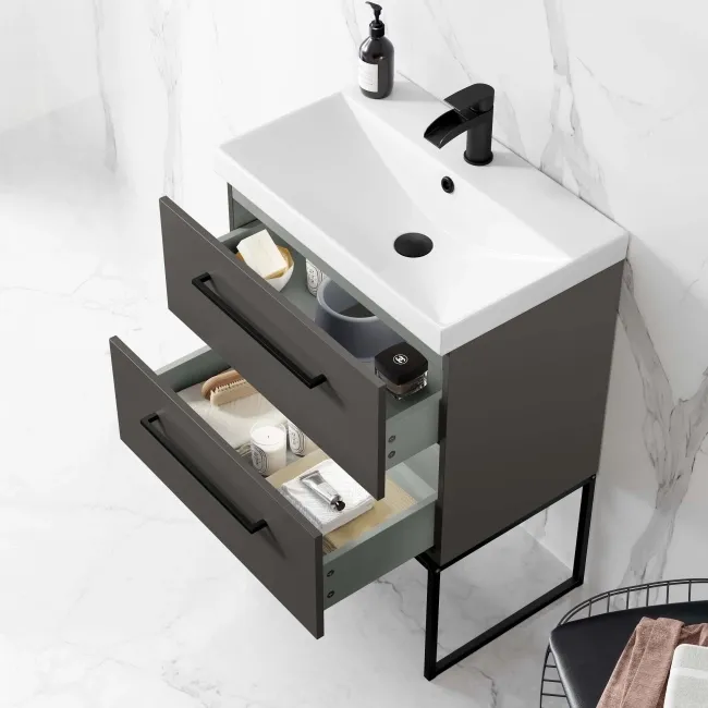 Elba Graphite Grey Wall Hung Basin Drawer Vanity 600mm with Matt Black Stand