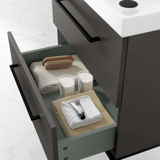 Elba Graphite Grey Wall Hung Basin Drawer Vanity 600mm with Matt Black Stand