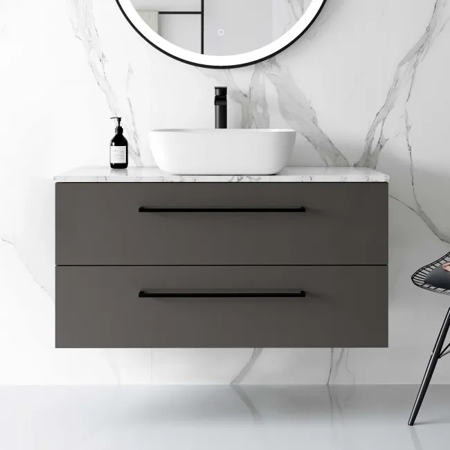 Elba Graphite Grey Wall Hung Vanity Marble Top & Curved Counter Top Basin 1000mm - Black Accents
