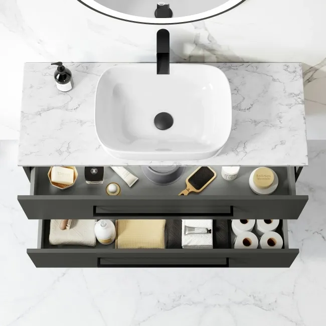 Elba Graphite Grey Wall Hung Vanity Marble Top & Curved Counter Top Basin 1000mm - Black Accents