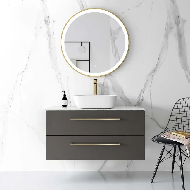 Elba Graphite Grey Wall Hung Vanity Marble Top & Curved Counter Top Basin 1000mm - Brass Accents