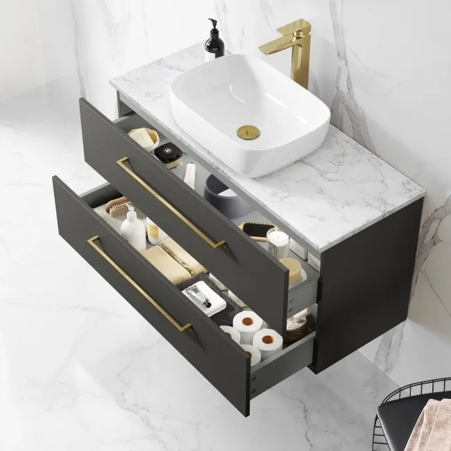 Elba Graphite Grey Wall Hung Vanity Marble Top & Curved Counter Top Basin 1000mm - Brass Accents