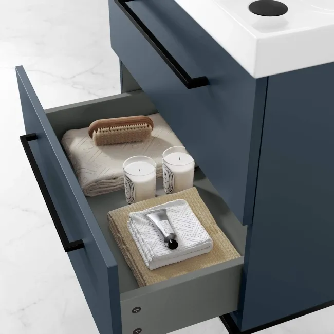 Elba Inky Blue Wall Hung Basin Drawer Vanity 600mm with Matt Black Stand