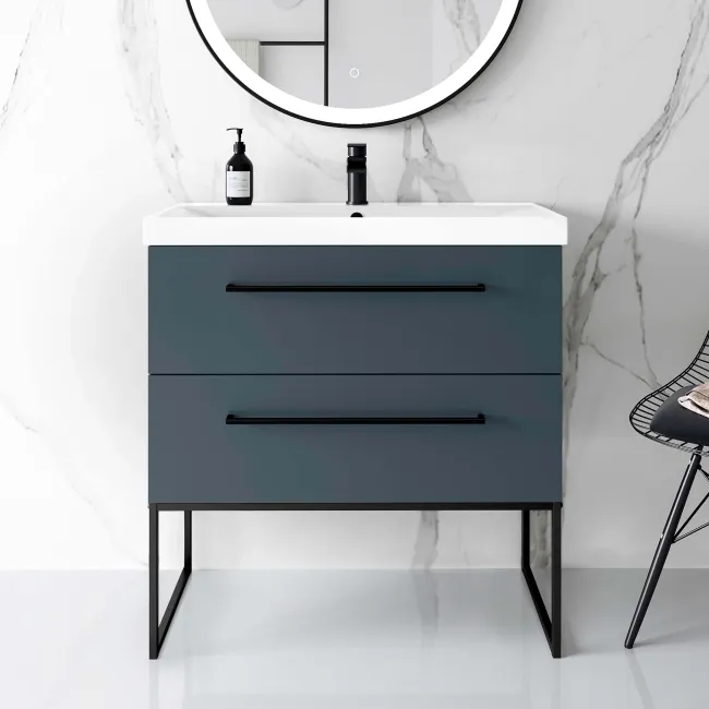 Elba Inky Blue Wall Hung Basin Drawer Vanity 800mm with Matt Black Stand