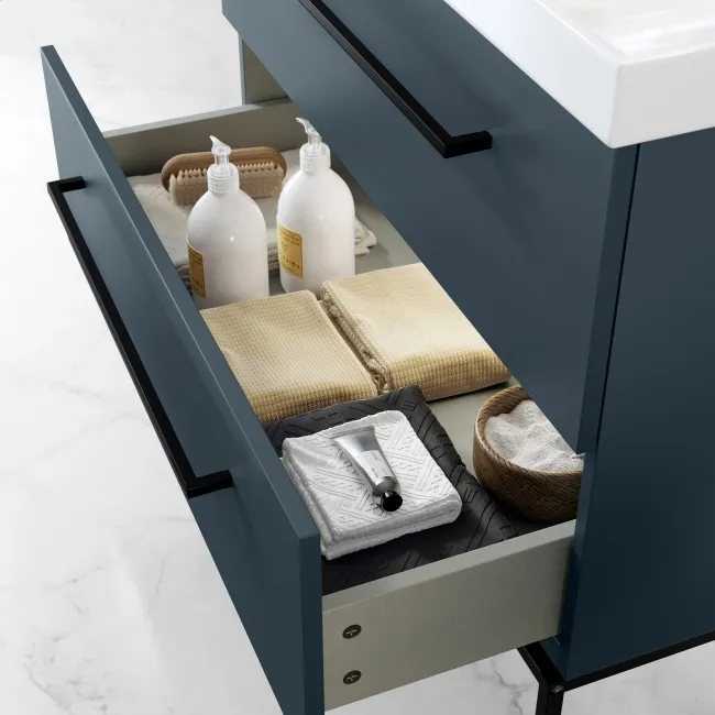Elba Inky Blue Wall Hung Basin Drawer Vanity 800mm with Matt Black Stand