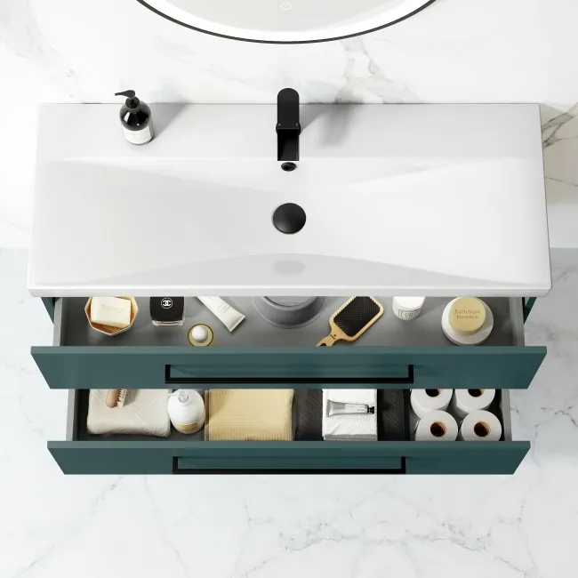 Elba Midnight Green Wall Hung Basin Drawer Vanity 1000mm - Black Accents