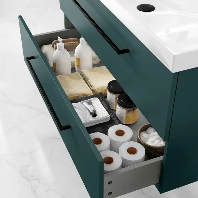 Elba Midnight Green Wall Hung Basin Drawer Vanity 1000mm - Black Accents