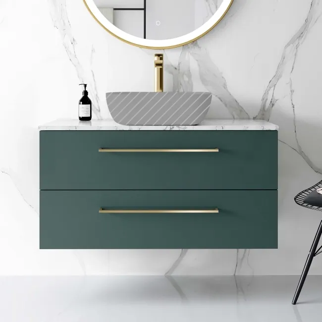 Elba Midnight Green Wall Hung Drawer Vanity 1000mm (No Basin) - Brushed Brass Accents