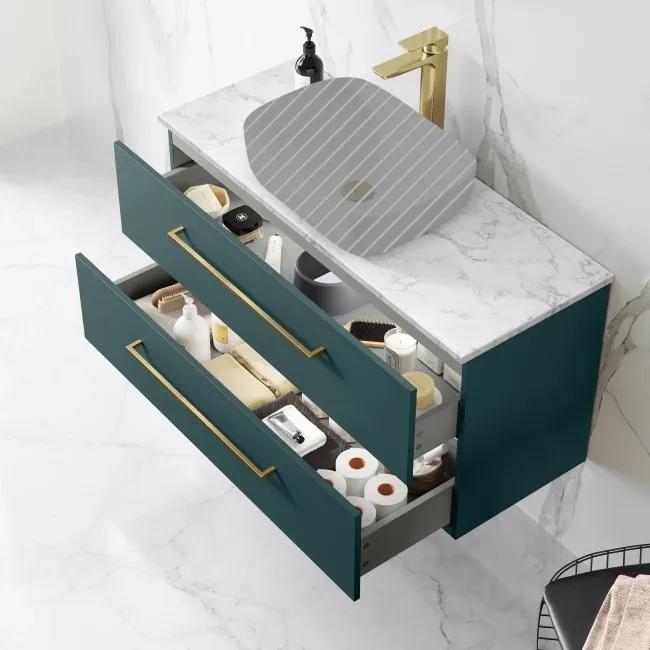 Elba Midnight Green Wall Hung Drawer Vanity 1000mm (No Basin) - Brushed Brass Accents