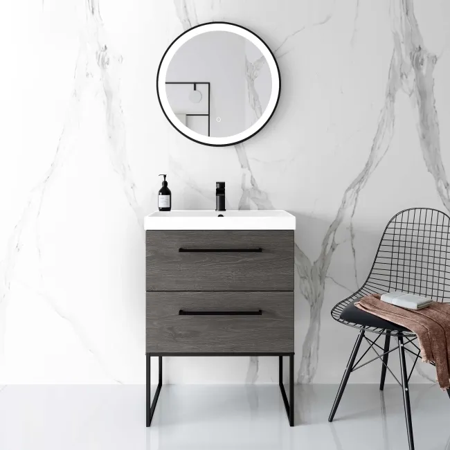 Elba Charcoal Elm Wall Hung Basin Drawer Vanity 600mm with Matt Black Stand