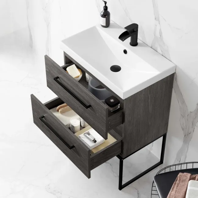 Elba Charcoal Elm Wall Hung Basin Drawer Vanity 600mm with Matt Black Stand
