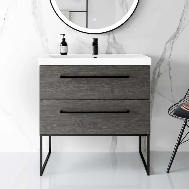 Elba Charcoal Elm Wall Hung Basin Drawer Vanity 800mm with Matt Black Stand
