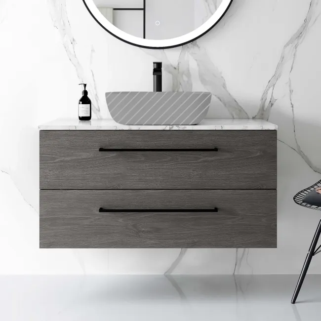 Elba Charcoal Elm Wall Hung Drawer Vanity 1000mm Excludes Counter Top Basin - Black Accents