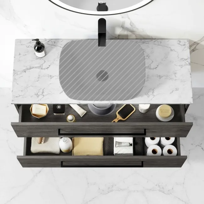 Elba Charcoal Elm Wall Hung Drawer Vanity 1000mm Excludes Counter Top Basin - Black Accents