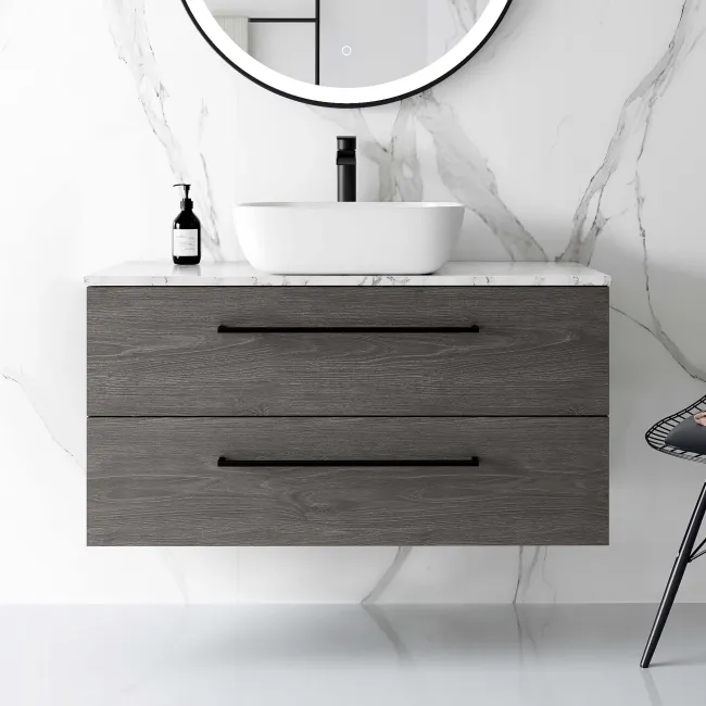 Elba Charcoal Elm Wall Hung Vanity Marble Top & Curved Counter Top Basin 1000mm - Black Accents