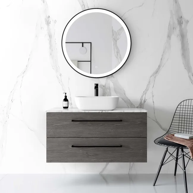 Elba Charcoal Elm Wall Hung Vanity Marble Top & Curved Counter Top Basin 1000mm - Black Accents