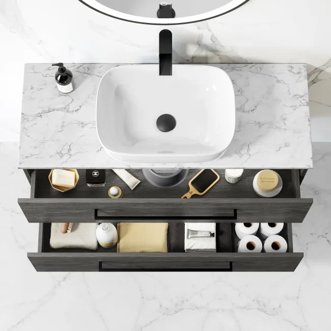 Elba Charcoal Elm Wall Hung Vanity Marble Top & Curved Counter Top Basin 1000mm - Black Accents