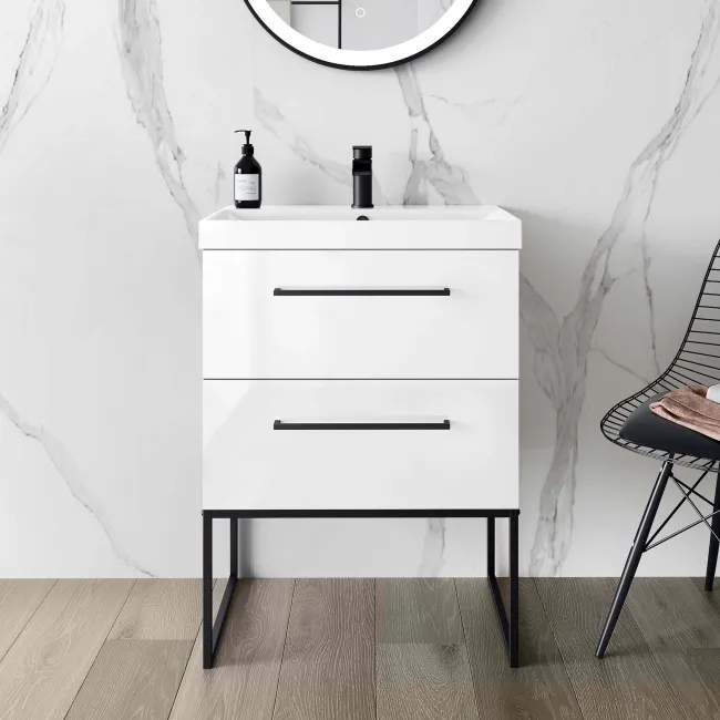 Elba Gloss White Wall Hung Basin Drawer Vanity 600mm with Matt Black Stand