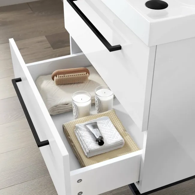 Elba Gloss White Wall Hung Basin Drawer Vanity 600mm with Matt Black Stand