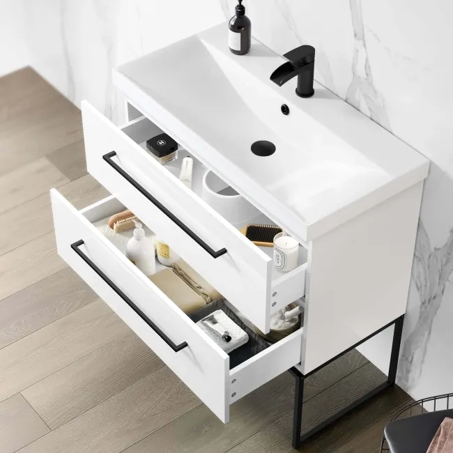 Elba Gloss White Wall Hung Basin Drawer Vanity 800mm with Matt Black Stand