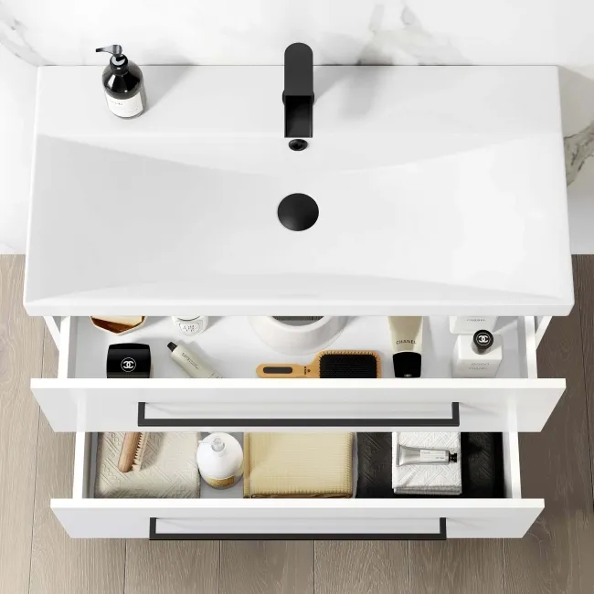 Elba Gloss White Wall Hung Basin Drawer Vanity 800mm with Matt Black Stand
