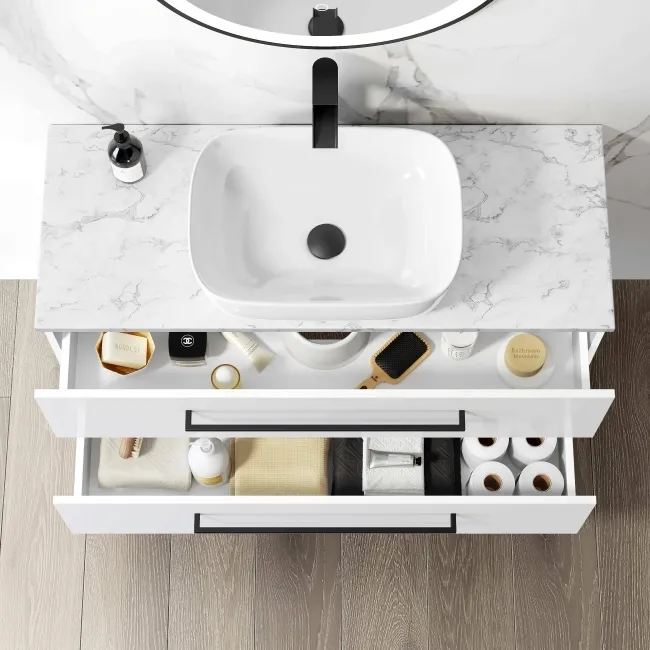 Elba Gloss White Wall Hung Vanity Marble Top & Curved Counter Top Basin 1000mm - Black Accents