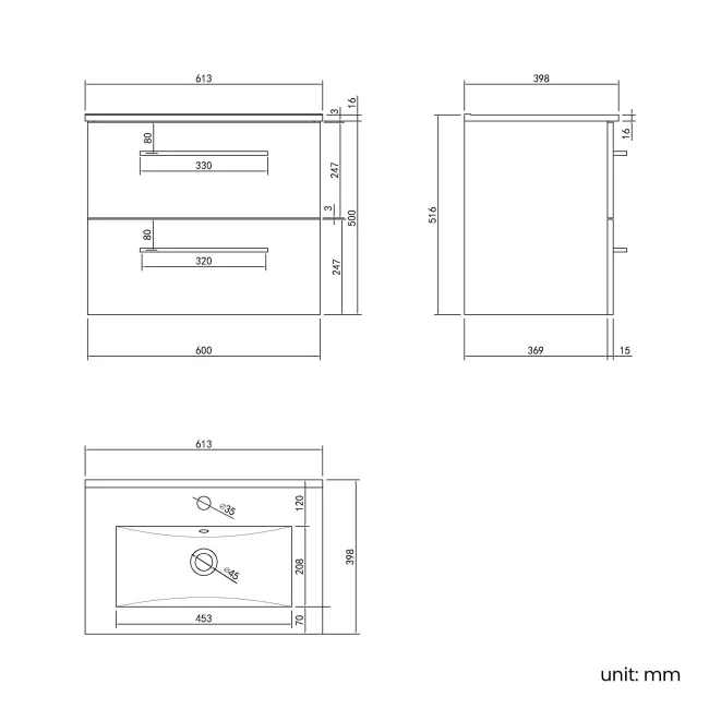 Elba Matt Black Wall Hung Basin Drawer Vanity 600mm