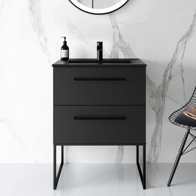 Elba Matt Black Wall Hung Basin Drawer Vanity 600mm with Matt Black Stand