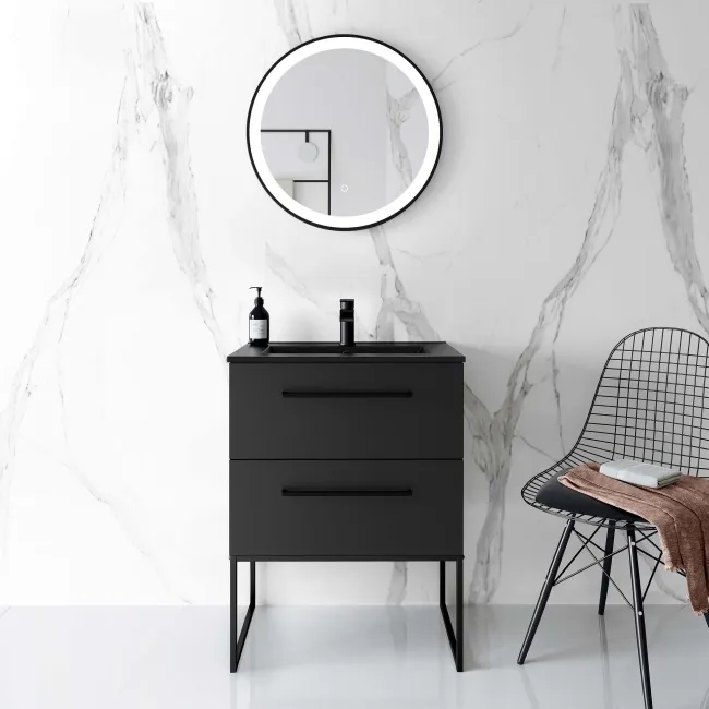 Elba Matt Black Wall Hung Basin Drawer Vanity 600mm with Matt Black Stand